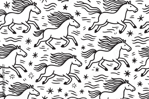 Black and white seamless pattern depicting horses galloping with flowing manes surrounded by stars and stylized lines.