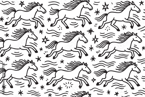 Black outline drawing of galloping horses with flowing manes and tails, surrounded by stars and abstract lines, arranged in a seamless pattern.