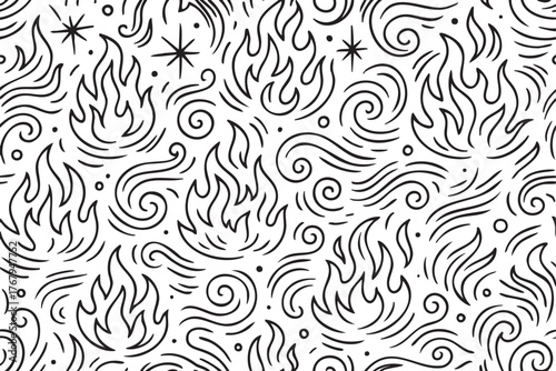 Black and white seamless pattern of stylized fire flames with swirling lines and stars, creating a dynamic and energetic design.