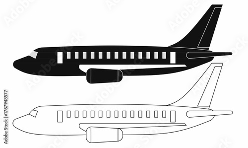 commercial airplane or aeroplane silhouette and outline. Jet aircraft side view for aviation design, transport icon, flight infographic, or travel logo template.isolated white background.