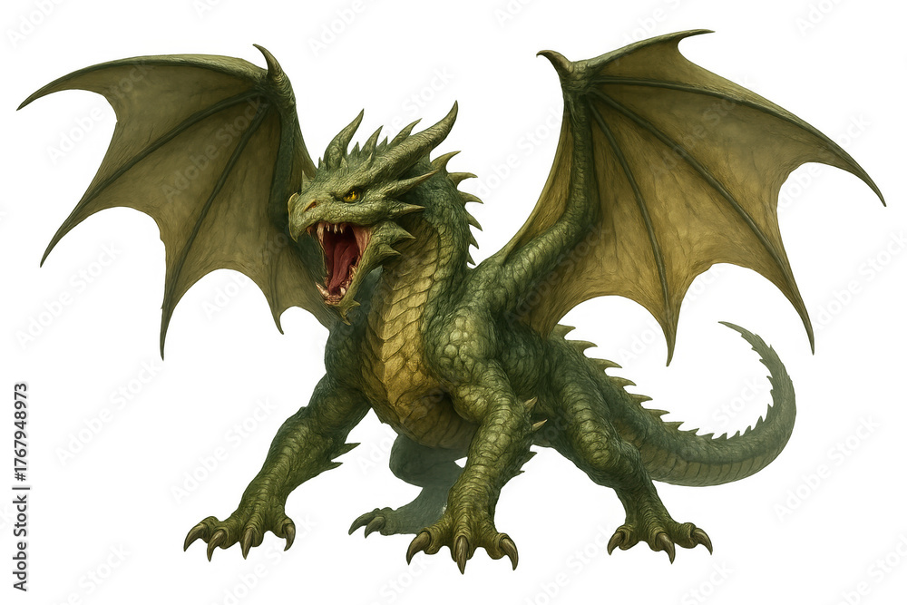 Fototapeta premium Roaring green fantasy dragon with wings and scales, a powerful mythical creature on transparent background