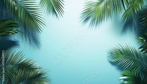 copy space palm leaves border blue solid background