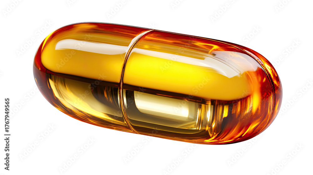 Naklejka premium Capsule of Health: This is a macro shot showcasing a vibrant, translucent capsule, a beacon of health and wellness, offering a glimpse into the essential nutrients within.