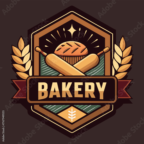 Vintage Bakery Logo Vector, Hexagon Badge with Pie, Rolling Pins, and Wheat for Bread and Pastry Shop