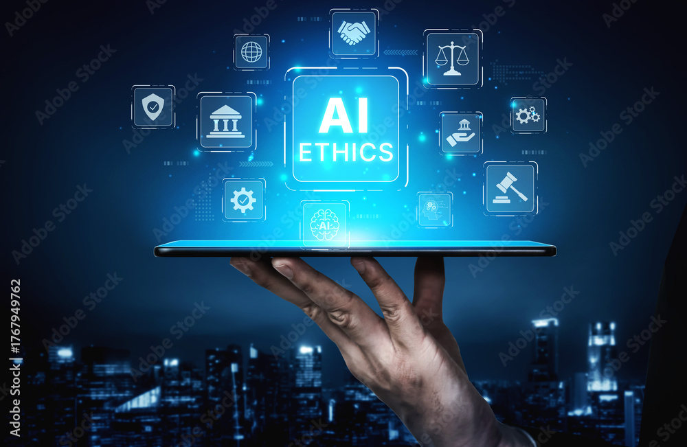 Obraz premium AI is transforming society, raising important ethics questions. Ethics in AI design ensures fairness. AI ethics promote responsible decision. Balancing AI power with strong ethics is essential. Spline