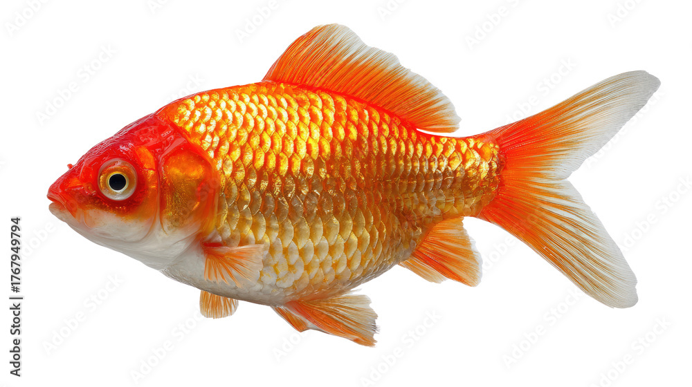 Fototapeta premium Goldfish in Aquatic Paradise: A vibrant, elegant goldfish gracefully swims, its scales shimmering with a warm, inviting glow, showcasing the delicate beauty of aquatic life.