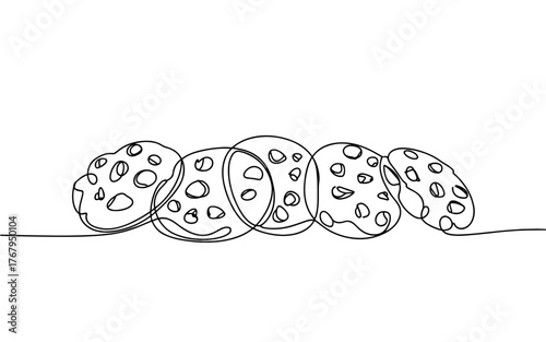 several cookies arranged in a row, drawn in a continuous style on a clean white background.