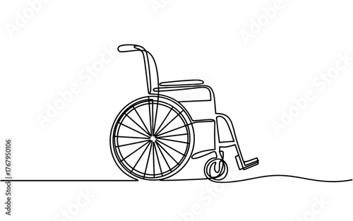 a wheelchair drawn in continuous style on a white background, symbolizing accessibility, health, and mobility.
