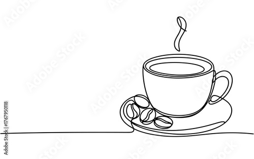 a steaming cup of coffee on a saucer surrounded by coffee beans, symbolizing warmth and aroma.