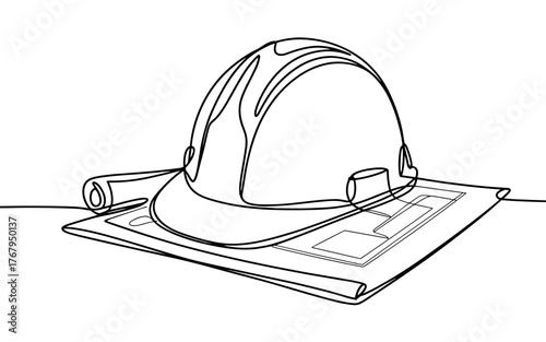 a safety helmet resting on a rolled blueprint, symbolizing construction, planning, and engineering design.