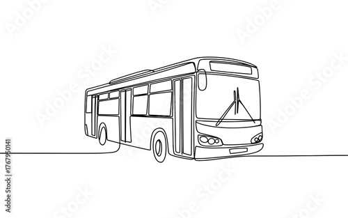 continuous line of a bus on a white background, symbolizing travel, transportation, commuting, and urban mobility.