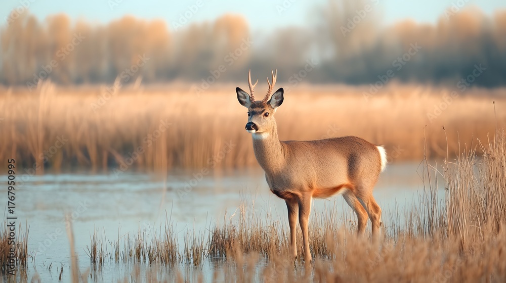 Obraz premium A wild deer buck with antlers stands prominently in shallow water of a marshland surrounded by tall dried reeds