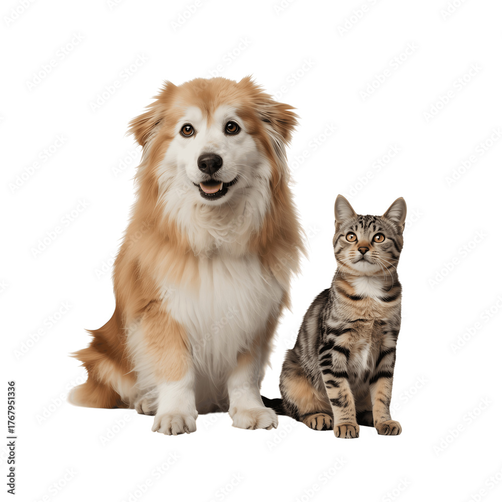 Fototapeta premium Cute dog and cat sitting together isolated on transparent background