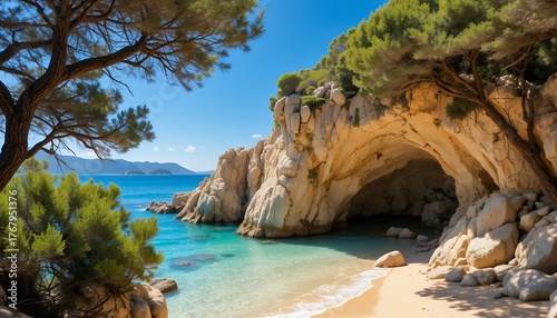 Secluded beach with crystal clear turquoise waters rocky cave entrance and lush green trees under