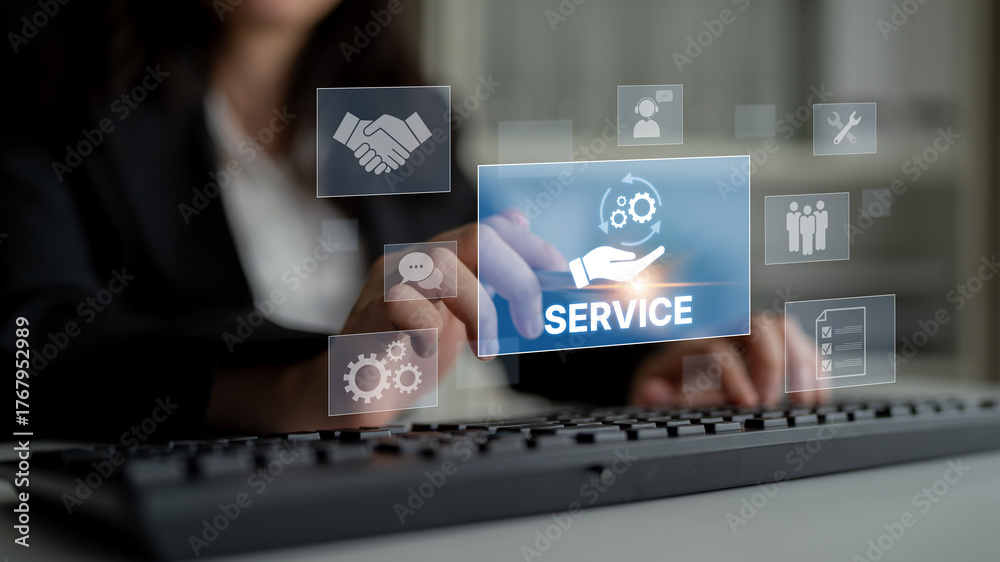 Naklejka premium Customer service and support workflow with cooperation, communication, maintenance, and checklist icons for efficient service operation and user satisfaction Latch