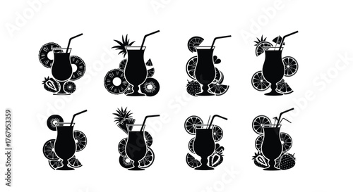 Silhouetted fruits with stems and leaves