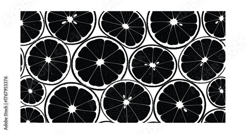 Black and white illustration of sliced oranges and leaves