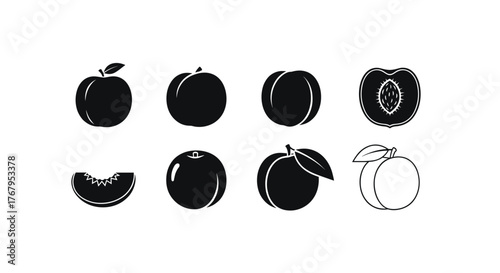 Collection of black silhouette plums and slices