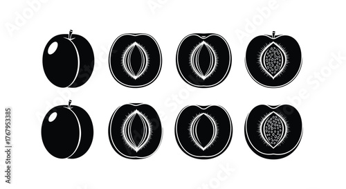 Black and white illustration of plums and cut plums