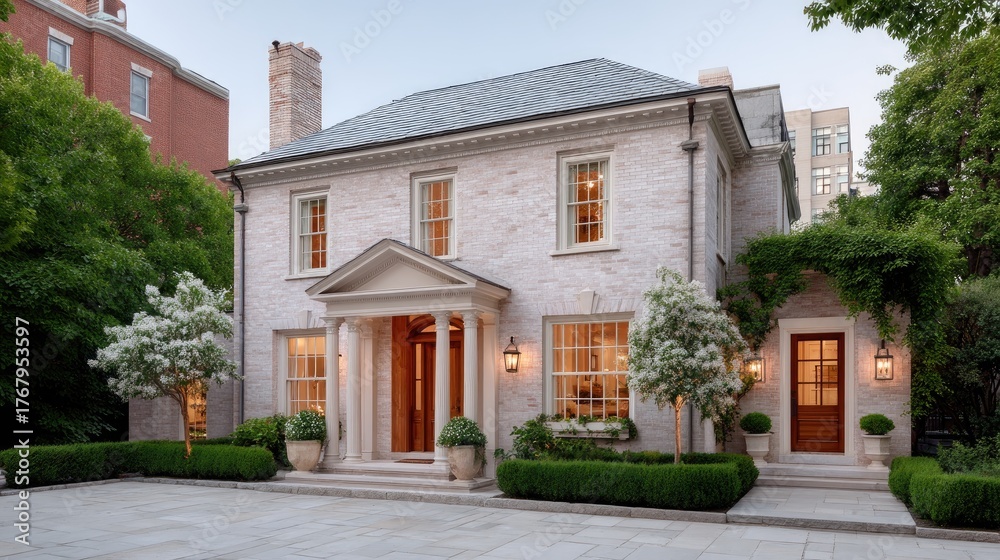 Obraz premium Elegant White Brick Manor House In Classic European Style Surrounded By Lush Green Trees And Manicured Bushes With Warm Interior Lighting On A Clear Evening