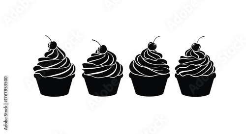Four black cupcakes with cherry topping isolated on white