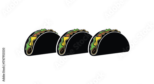 Three delicious tacos lined up against a white background