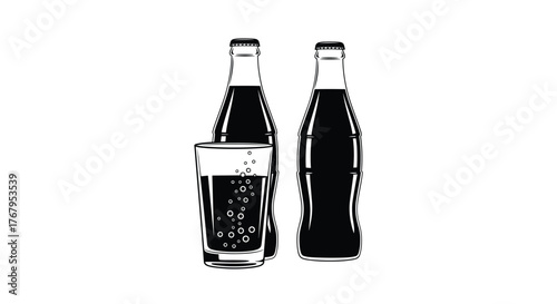 Two bottles and a glass of dark soda
