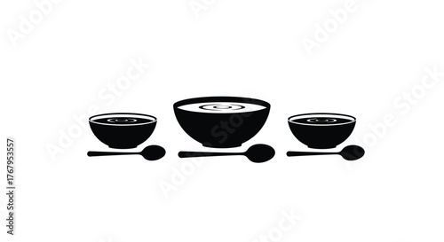 Three bowls of soup with spoons silhouette