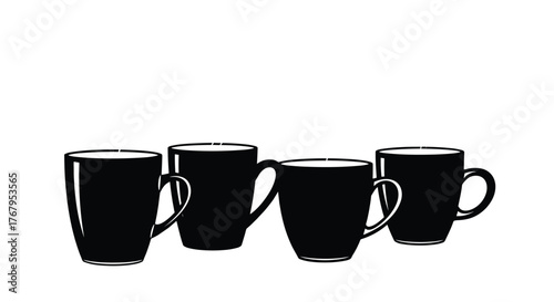 Four tall black ceramic coffee mugs on white background