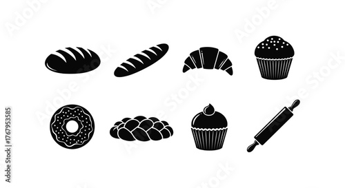 Two black croissants silhouette on white background