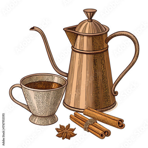 Enjoy a warm cup of spiced coffee, handcrafted with care, paired with cinnamon sticks and star anise, for a cozy and flavorful experience any time