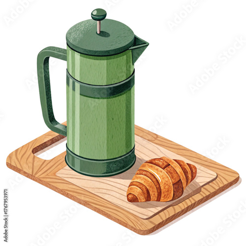 Enjoy a delightful morning with a fresh croissant and a steaming cup of coffee brewed in a stylish French press, perfect for cozy moments.