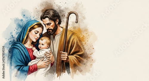 Holy Family Portrait Jesus Mary Joseph Nativity Biblical Art Christian Faith Watercolor Illustration With Copy Space