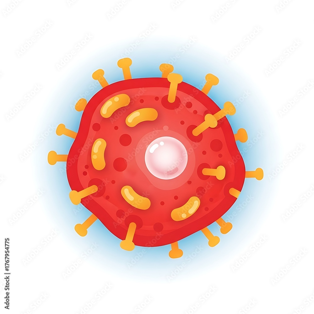 Fototapeta premium Detailed Illustration of a Red Virus Cell with Yellow Spikes and Internal Structures.