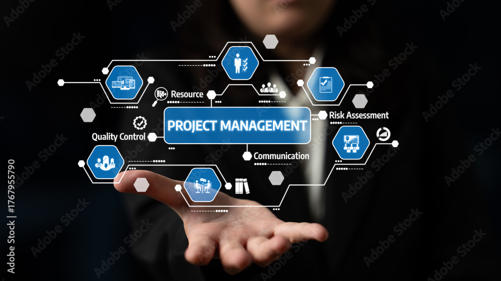 Fototapeta premium A professional hand showcasing project management icons emphasizes concepts like communication and risk assessment, highlighting the importance of strategic planning and teamwork. Tessel
