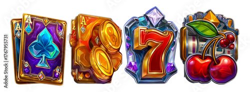 Vibrant Slot Machine Icons with Playing Cards, Coins, and Fruit Elements