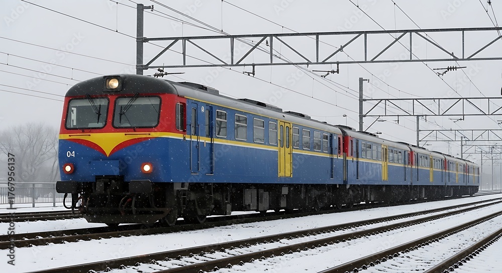 Fototapeta premium Winter Train Journey - A Blue Train Navigating Snowy Tracks.