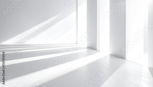 Wallpaper Mural Bright white empty room with sharp light and long linear shadows creating abstract geometric patterns on floor and walls, evoking calm and minimalist atmosphere Torontodigital.ca