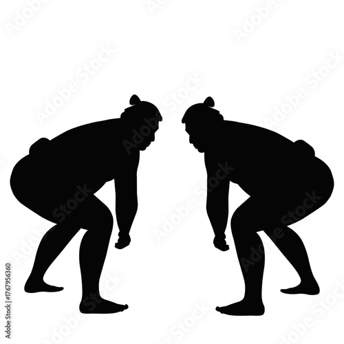 Silhouette of two sumo wrestlers facing each other. Traditional Japanese wrestling illustration. Black and white vector art for martial arts