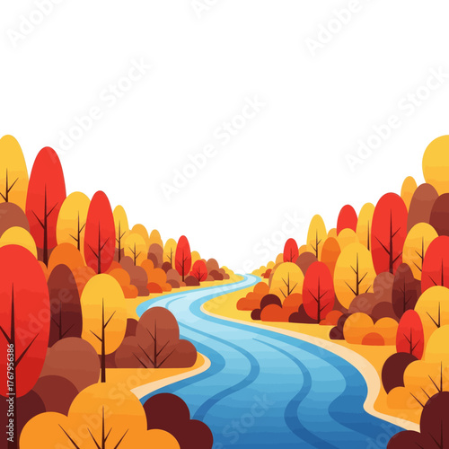 A vibrant, stylized illustration of a river winding through a colorful autumn forest with a clear white background.