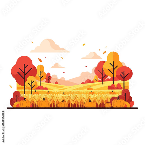 A vibrant autumn landscape featuring a field of pumpkins and golden crops under a sky with soft clouds and falling leaves.