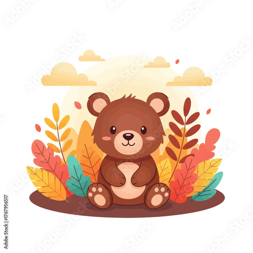 A cute cartoon bear sitting among colorful autumn leaves and fluffy clouds.