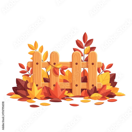 A charming illustration of a wooden picket fence surrounded by a vibrant pile of colorful autumn leaves in fall colors.