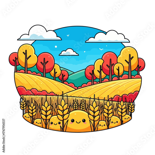 A charming cartoon illustration of a vibrant autumn landscape with golden wheat fields and cute potato characters.