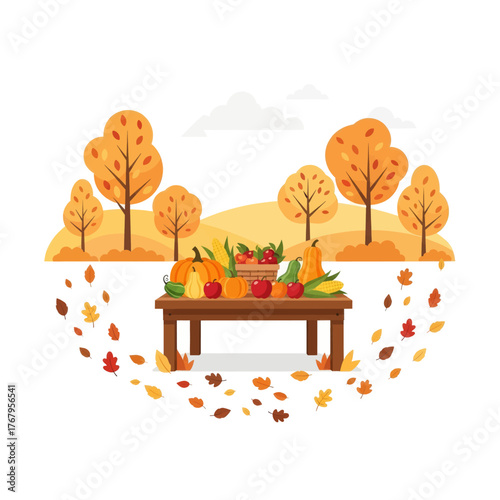 Autumnal harvest scene featuring a table laden with seasonal fruits and vegetables, surrounded by falling leaves.