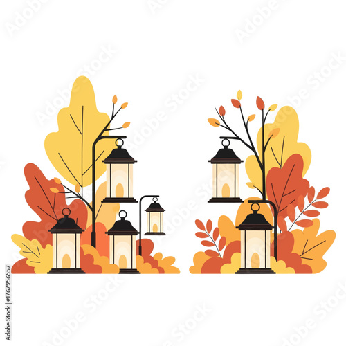 Decorative autumn lanterns with glowing lights amidst colorful fall foliage and branches.