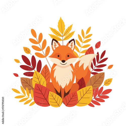 A charming illustration of a fox sitting amidst colorful autumn leaves, creating a warm and inviting scene.