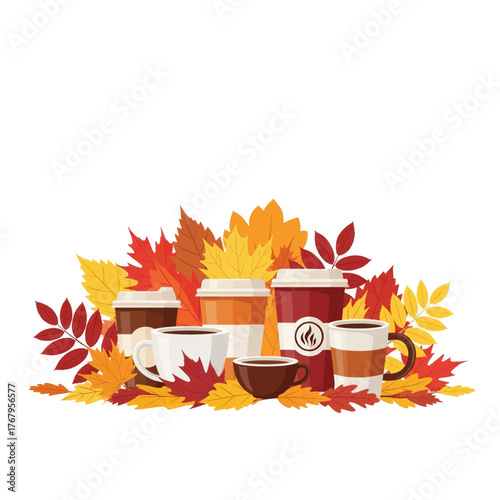 Autumn coffee cups and mugs surrounded by colorful fall leaves.