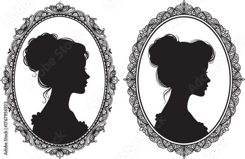 Elegant oval frames featuring victorian woman silhouette