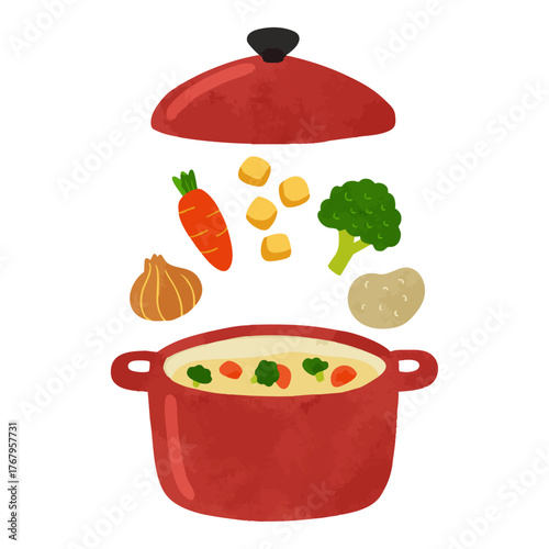 赤い鍋とシチューの材料　水彩風手描きベクターイラスト